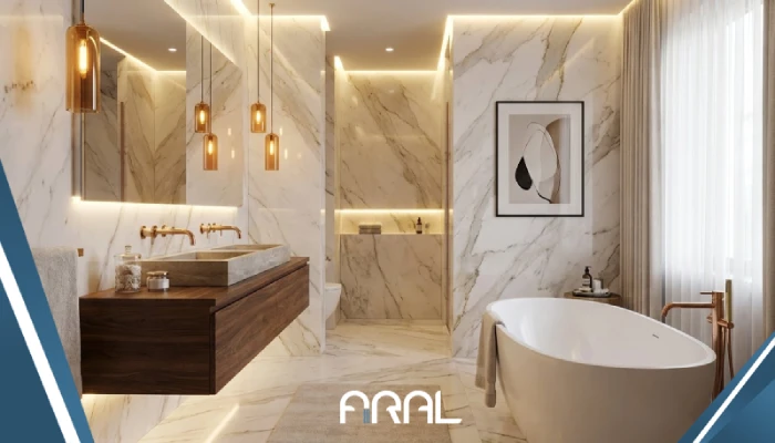 شیرآلات طلایی و رزگلد با آبکاری PVD در دکوراسیون لوکس حمام مدرن